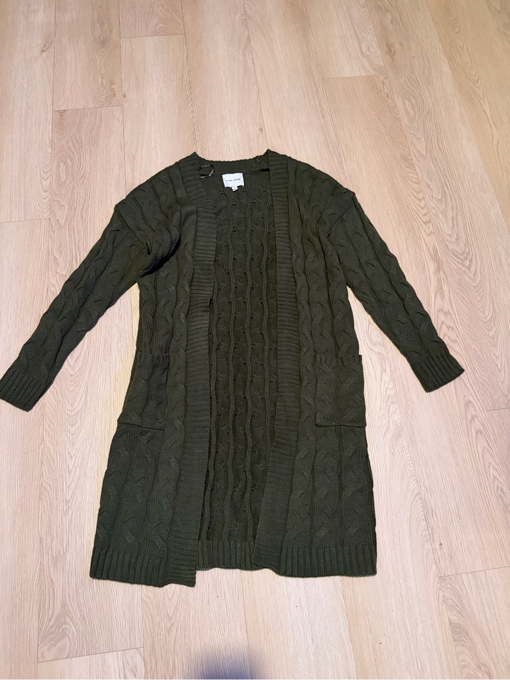 Pink Rose Olive Green Long Cable-Knit Open Cardigan